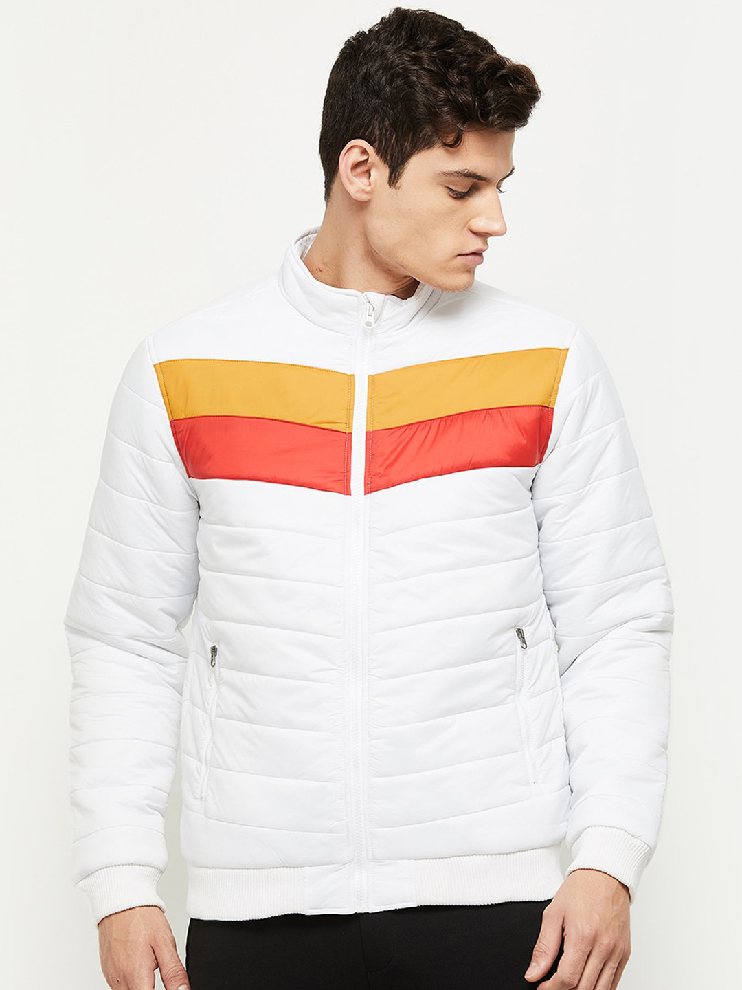 

max Men White Colourblocked Puffer Jacket