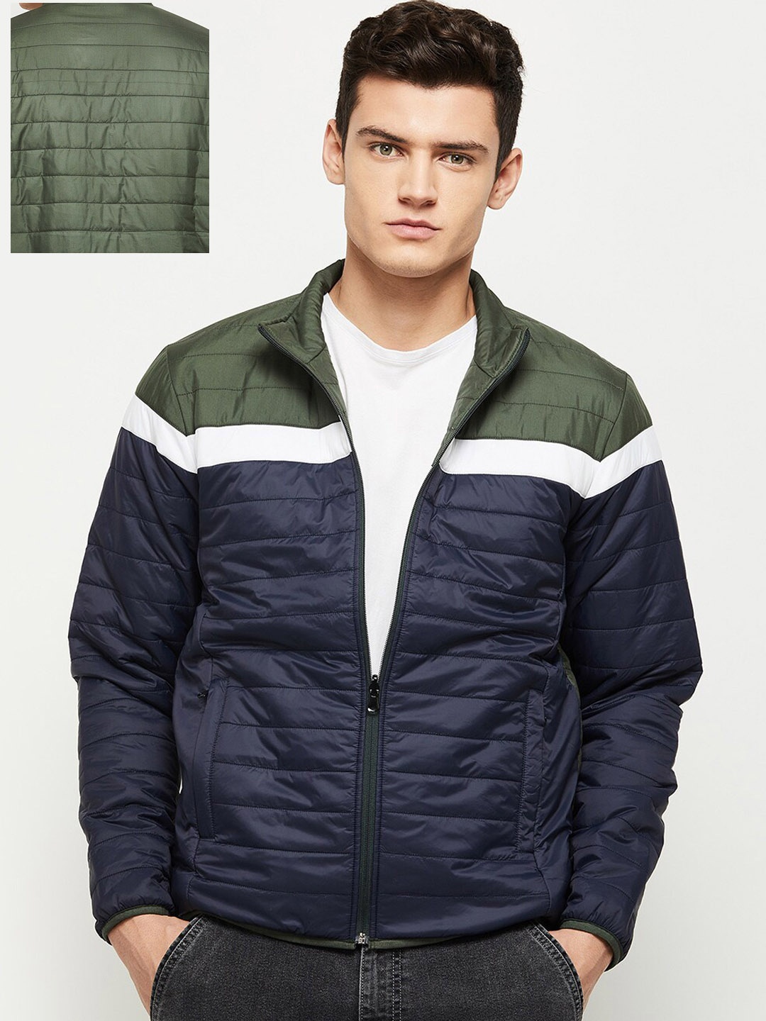 

max Men Green & Navy Blue Colourblocked Puffer Jacket