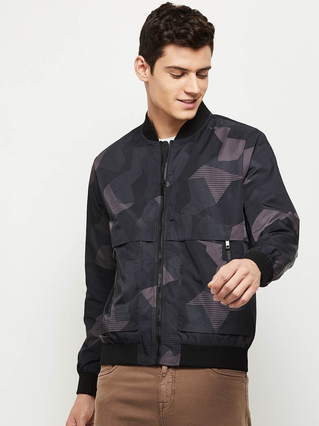 

max Men Grey & Black Camouflage Bomber Jacket