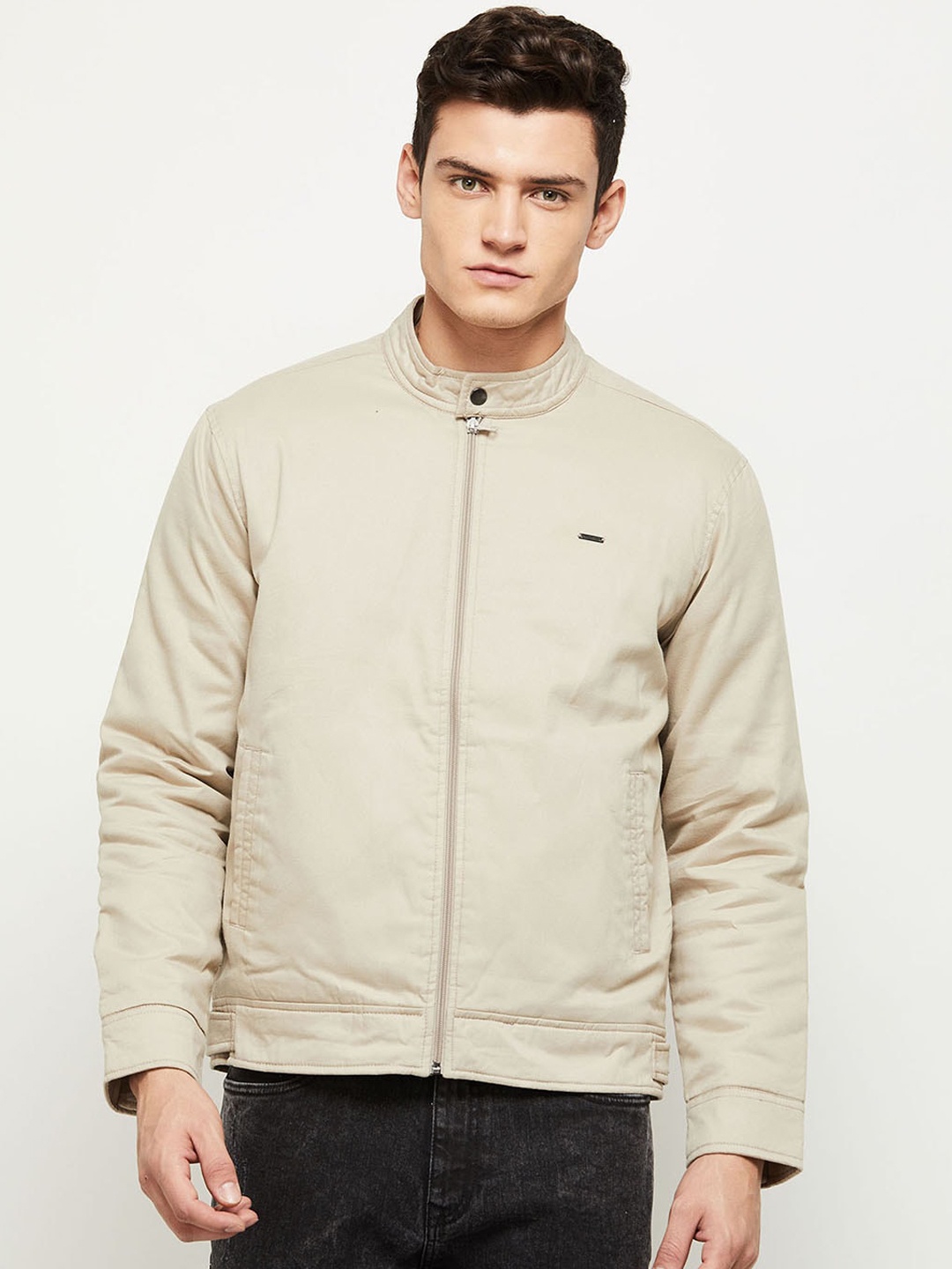 

max Men Beige Pure Cotton Bomber Jacket