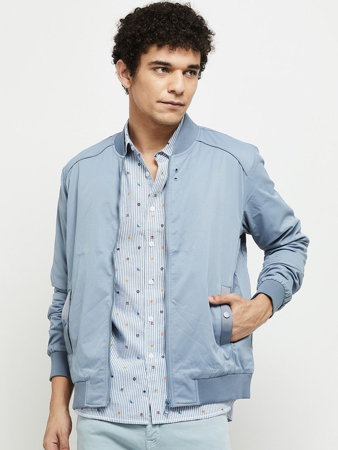 

max Men Blue Solid Bomber Jacket