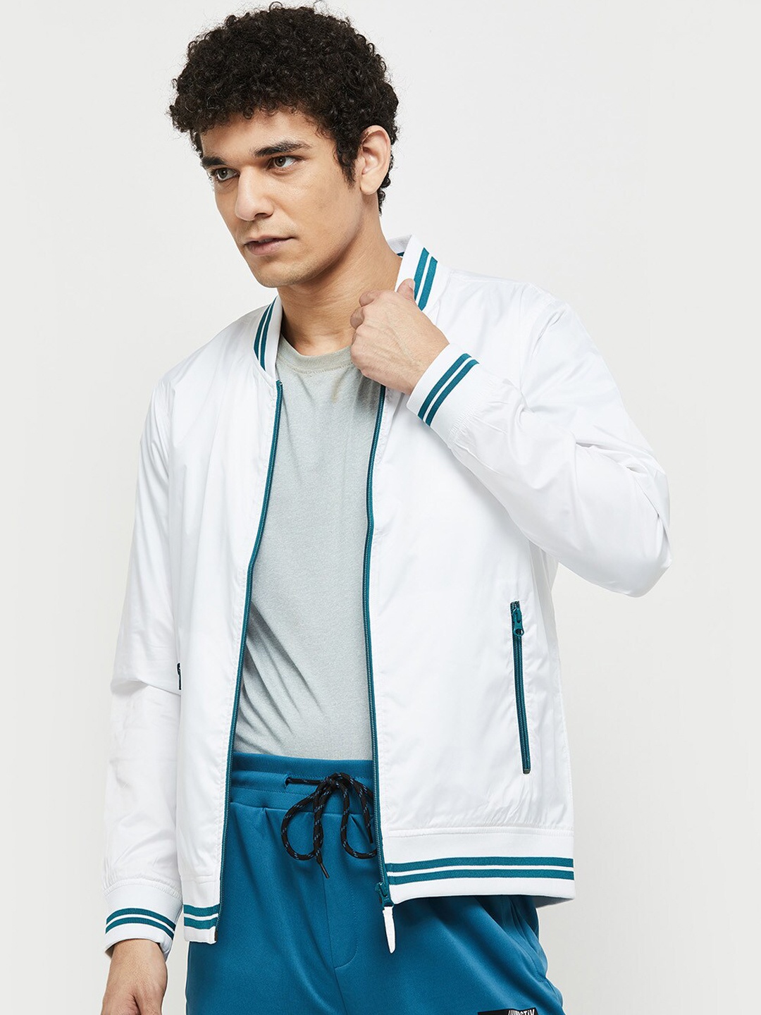 

max Men White & Blue Sporty Jacket