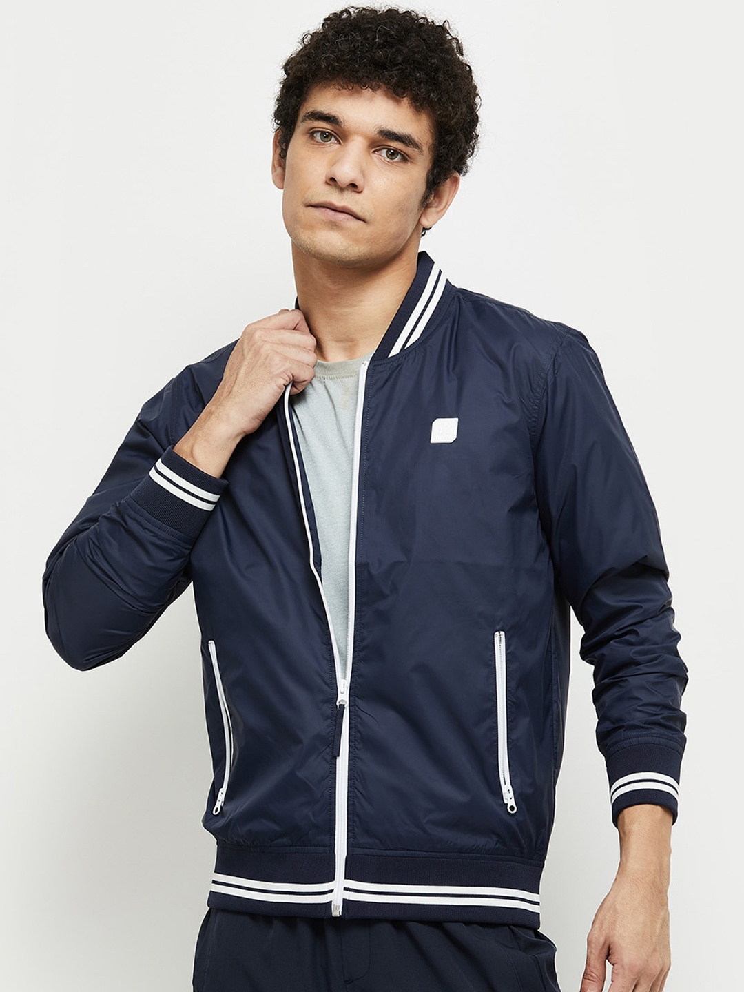 

max Men Blue White Sporty Jacket with Patchwork