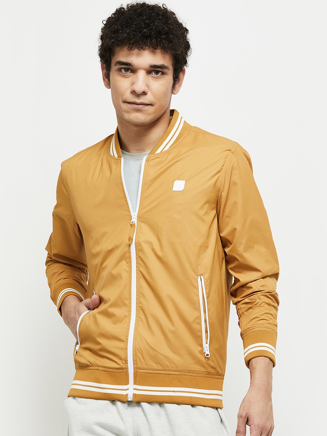 

max Men Mustard Solid Polyester Bomber Jacket