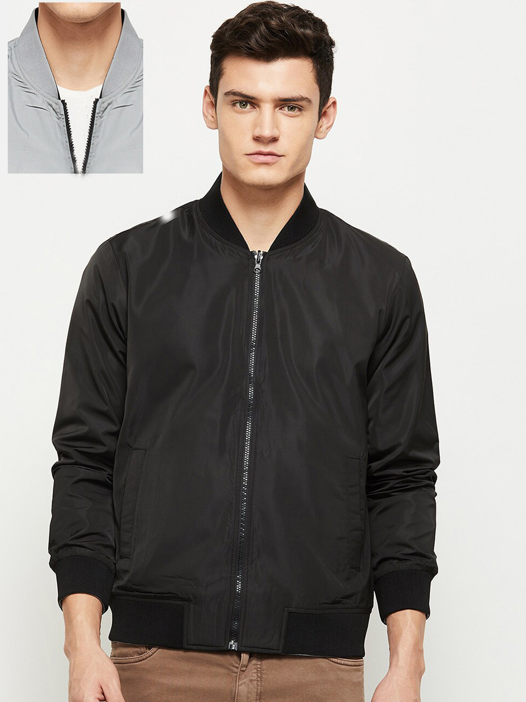 

max Men Black Solid Longline Bomber Jacket