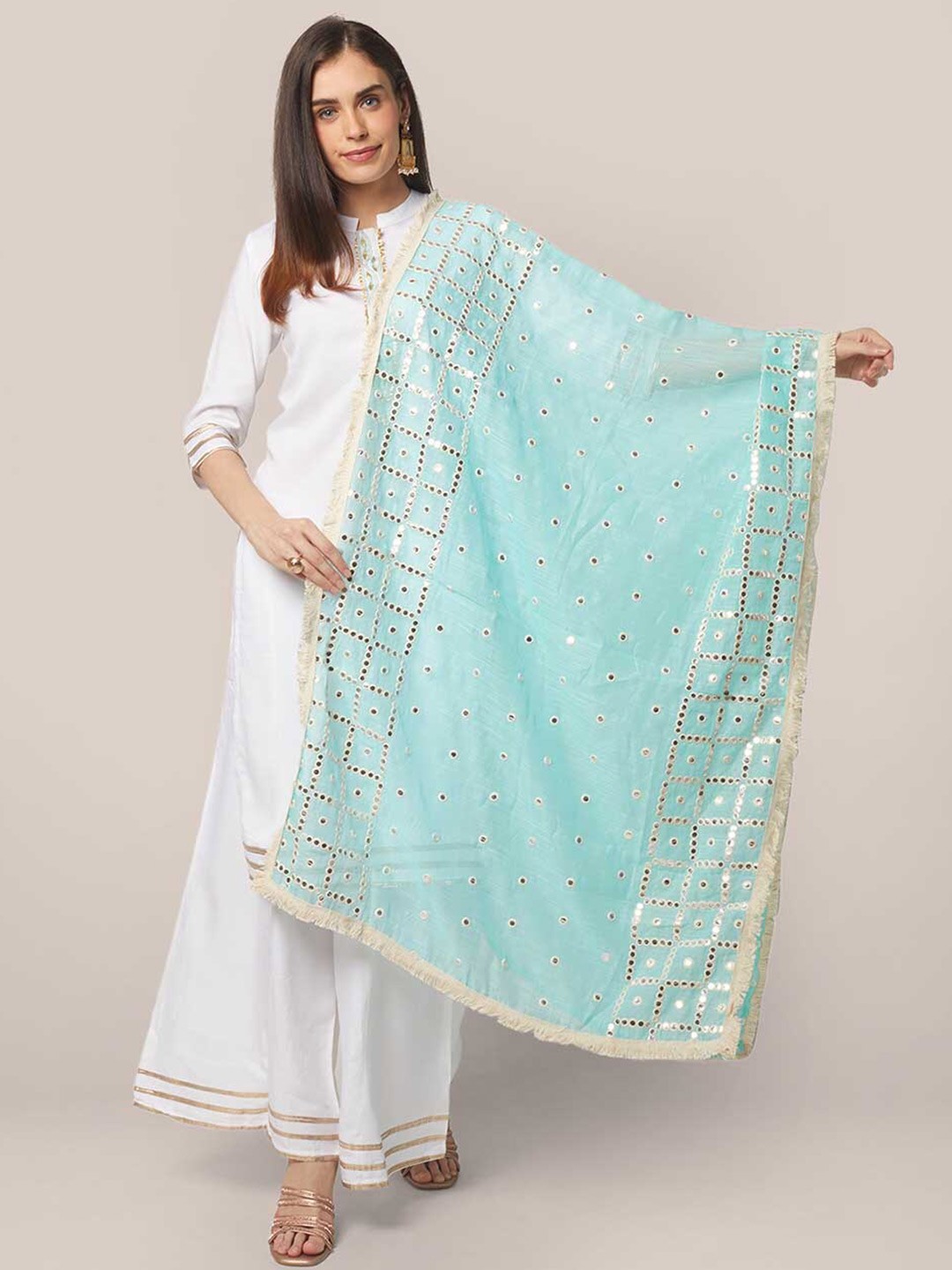 

Dupatta Bazaar Blue & Cream-Coloured Ethnic Motifs Embroidered Dupatta with Mirror Work