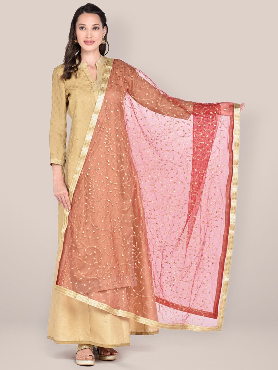 

Dupatta Bazaar Women Maroon & Gold-Toned Embroidered Net Dupatta