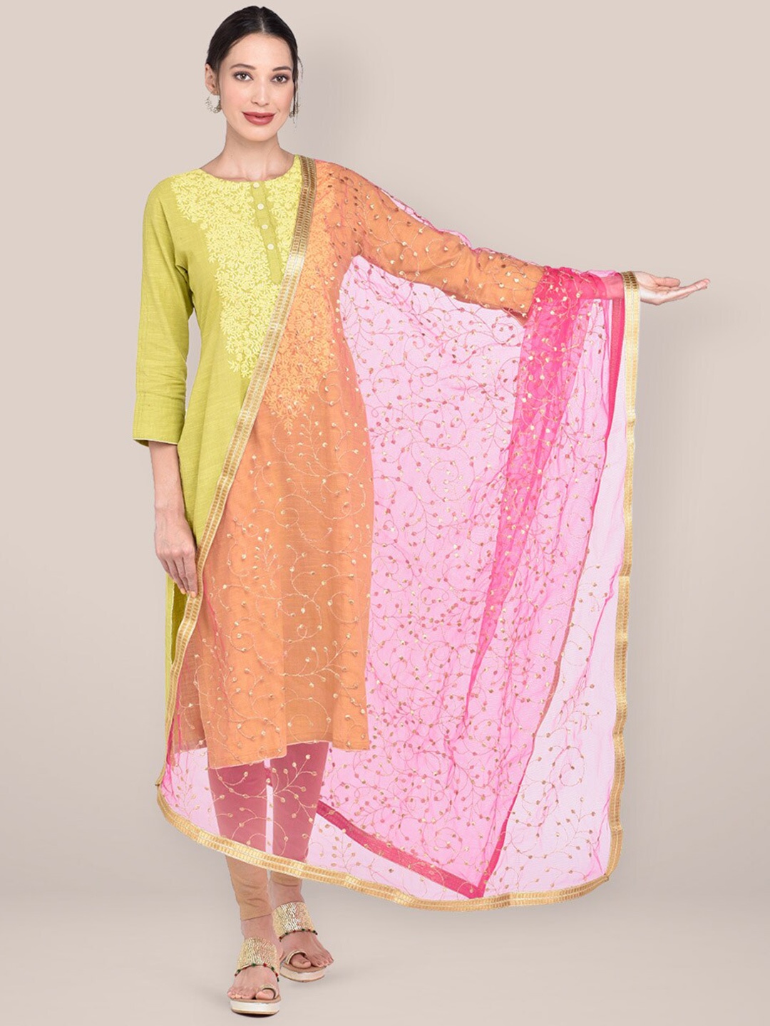 

Dupatta Bazaar Pink & Gold-Toned Embroidered Dupatta with Zari