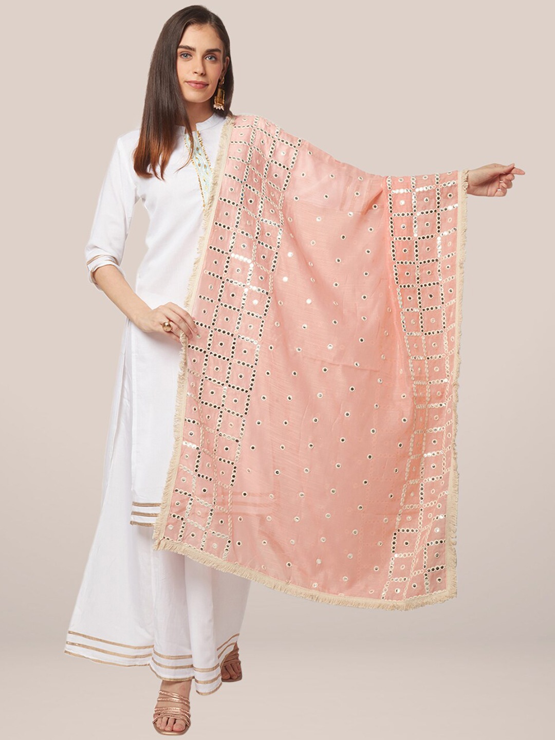 

Dupatta Bazaar Peach-Coloured & Gold-Toned Ethnic Motifs Embroidered Dupatta