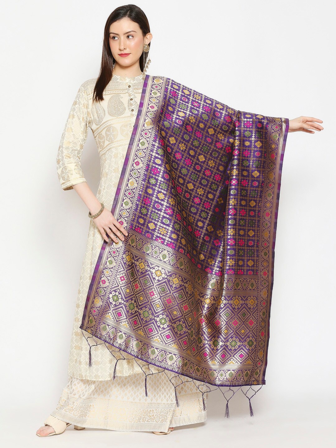 

Dupatta Bazaar Purple & Gold-Toned Ethnic Motifs Woven Design Dupatta