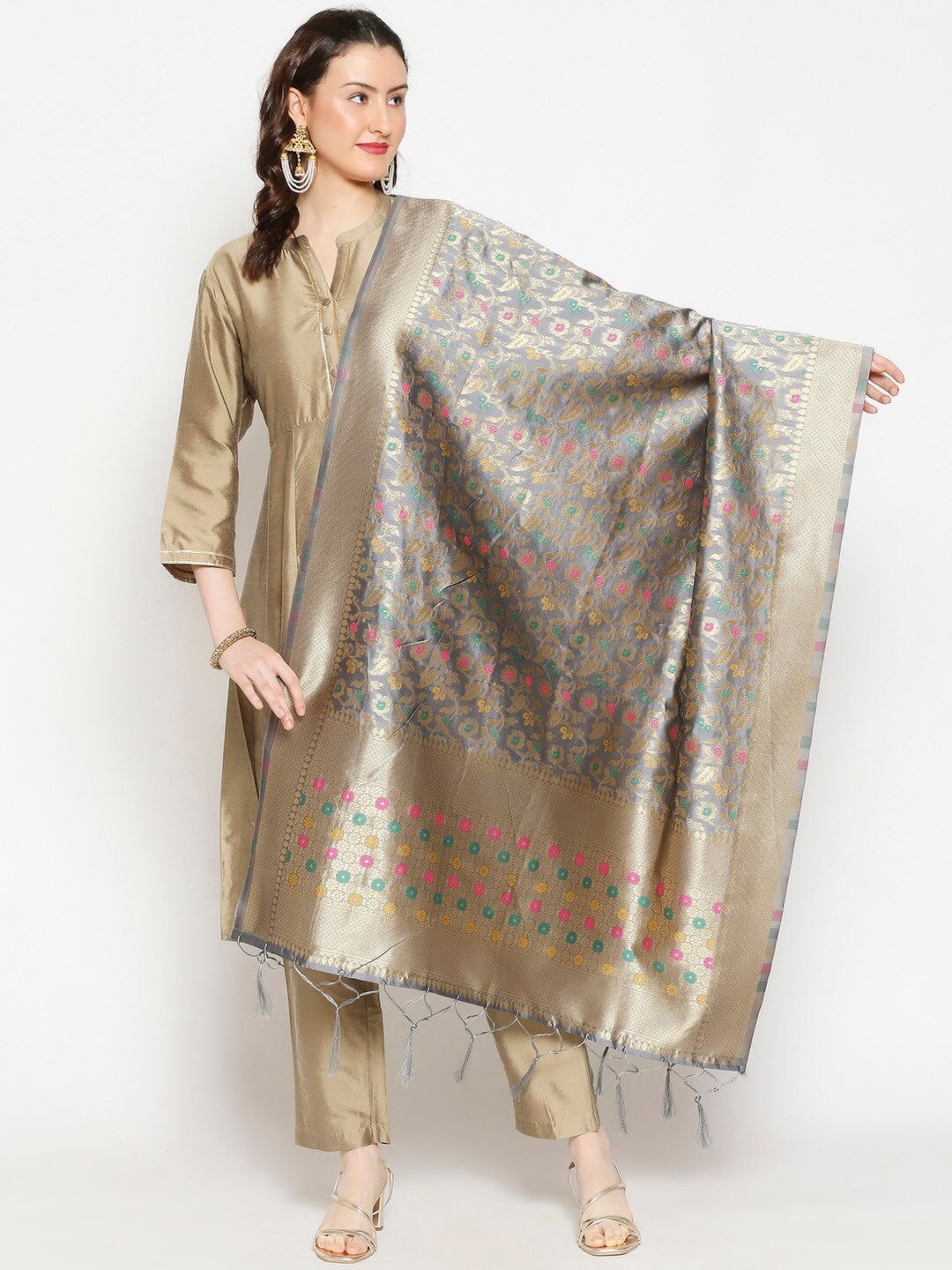 

Dupatta Bazaar Grey & Gold-Toned Woven Design Dupatta with Zari
