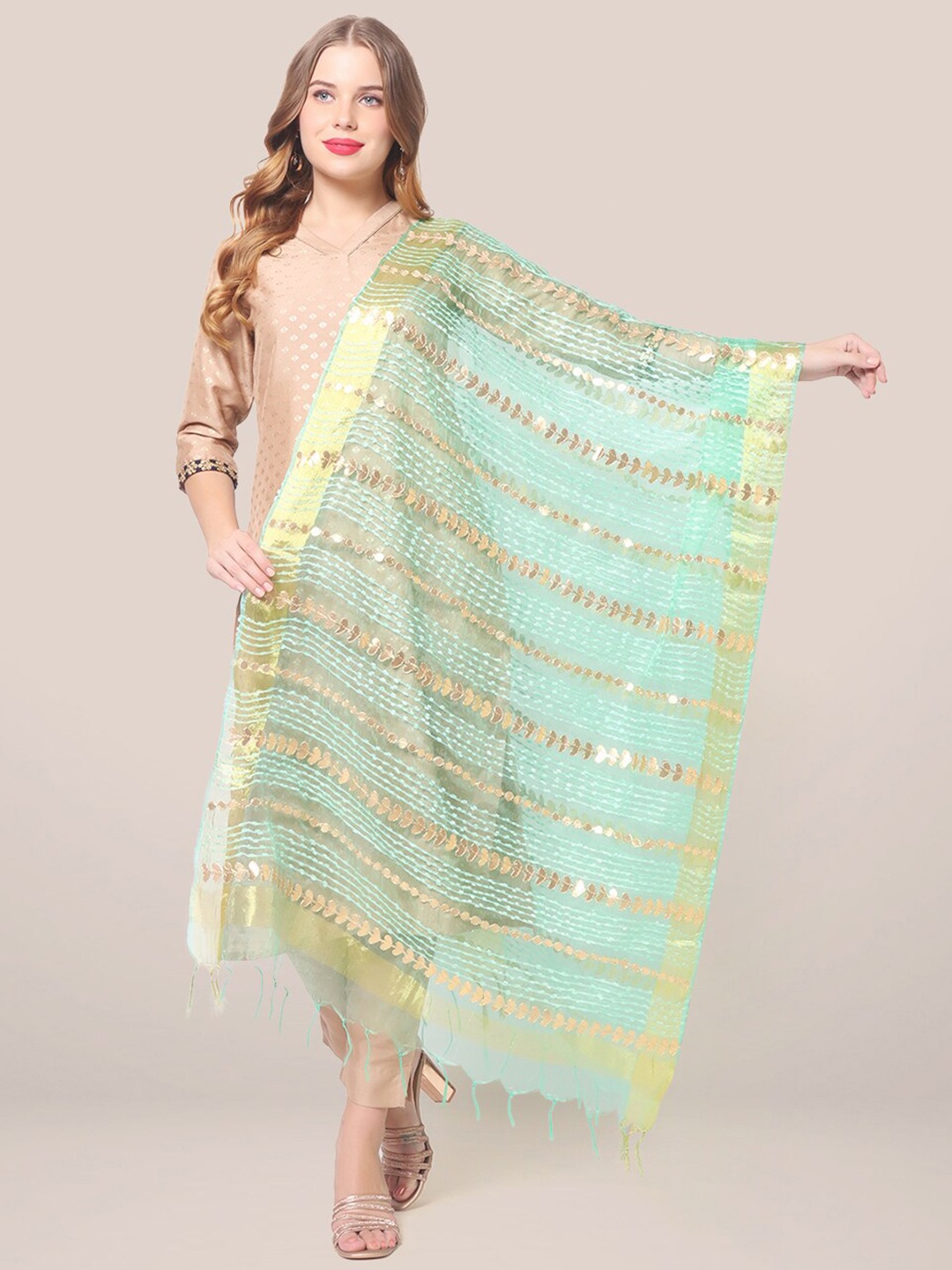 

Dupatta Bazaar Women Sea Green & Gold-Toned Embroidered Organza Dupatta with Gotta Patti