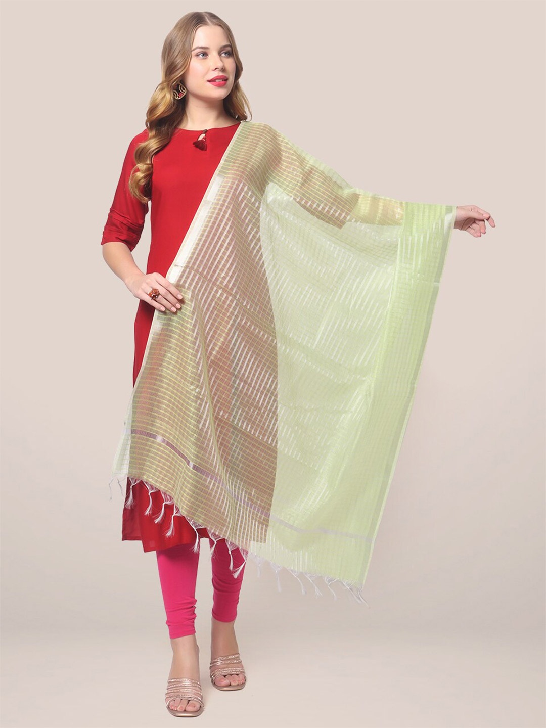 

Dupatta Bazaar Women Green & Silver-Toned Checked Dupatta