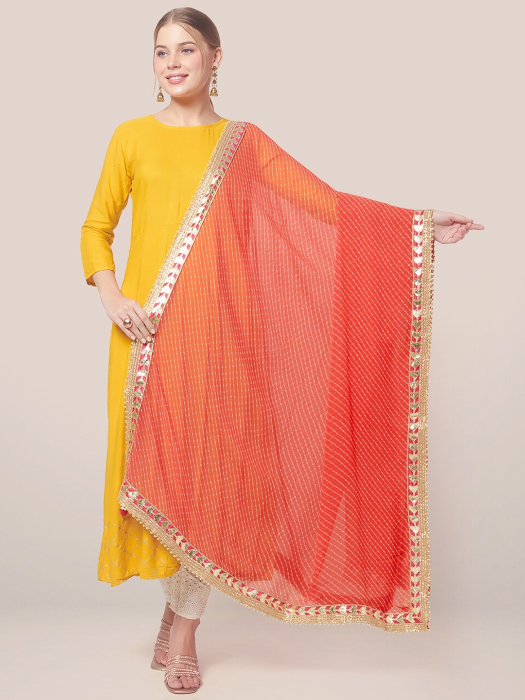 

Dupatta Bazaar Orange & Gold-Toned Printed Bandhani Dupatta with Gotta Patti