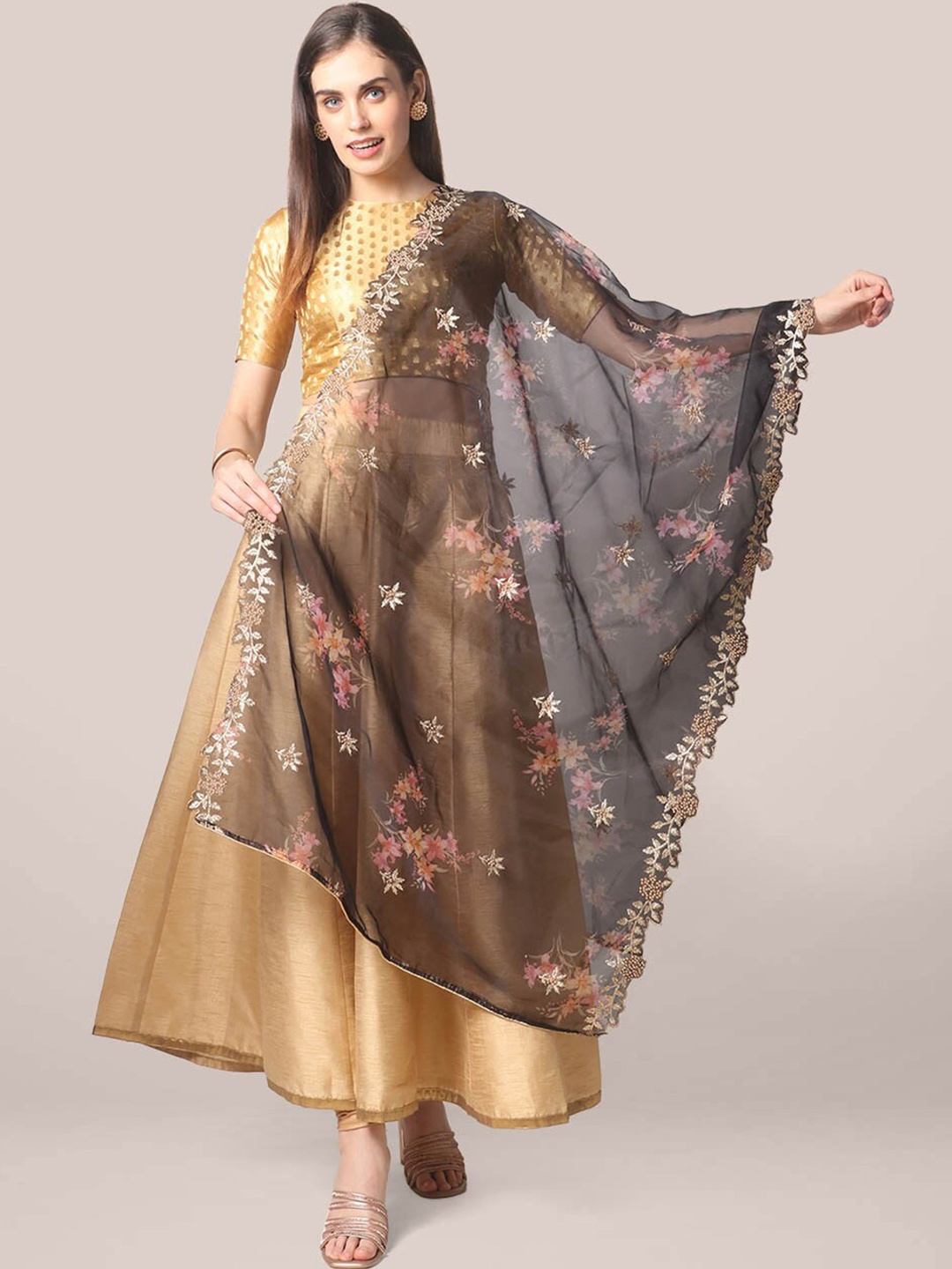 

Dupatta Bazaar Women Black & Pink Embroidered Organza Dupatta with Zardozi