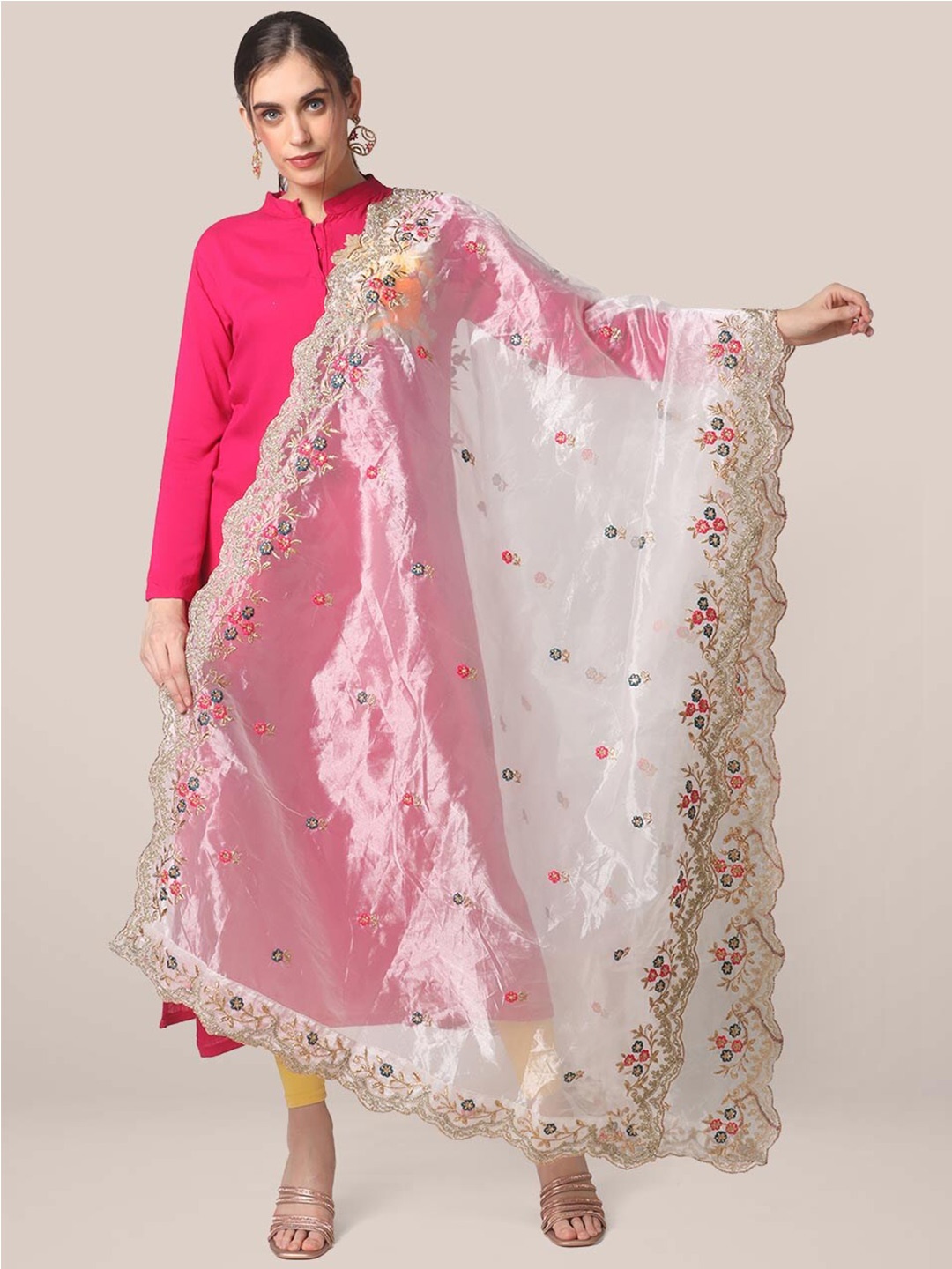 

Dupatta Bazaar White & Gold-Toned Embroidered Organza Dupatta with Sequinned