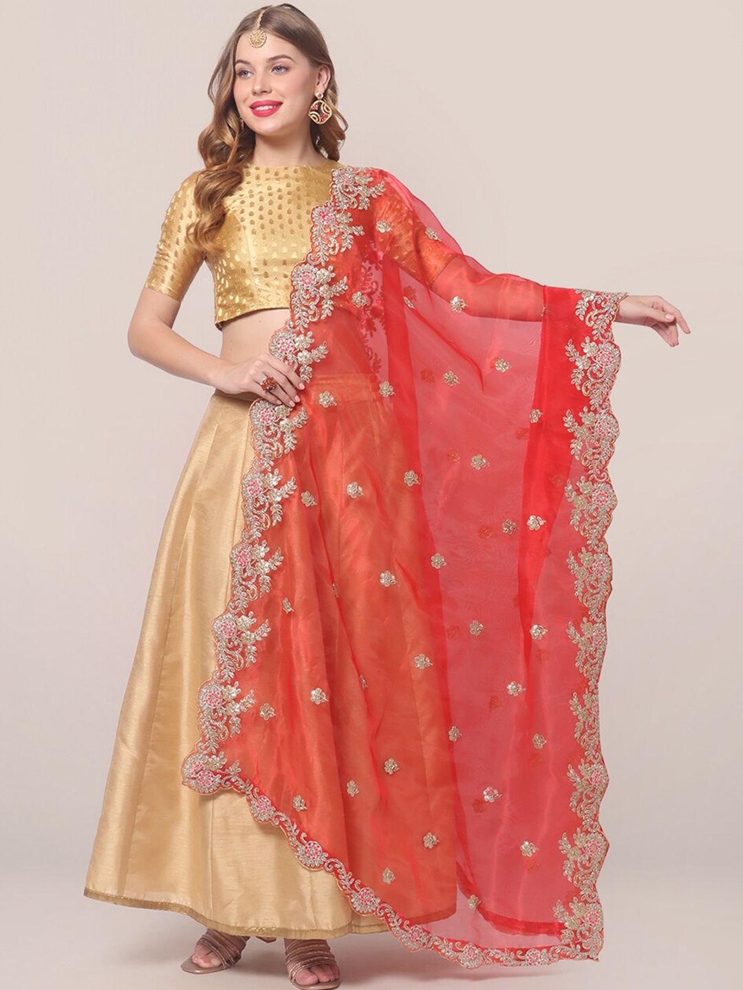 

Dupatta Bazaar Red & Gold-Toned Embroidered Organza Dupatta with Zardozi