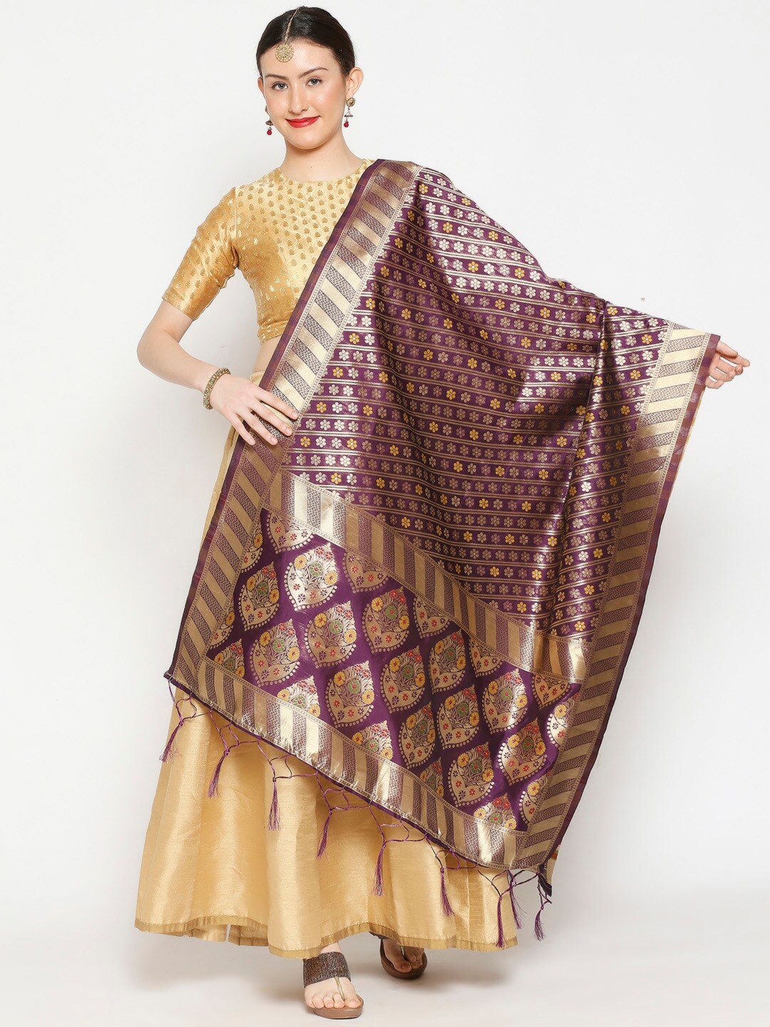 

Dupatta Bazaar Burgundy & Gold-Toned Ethnic Motifs Woven Design Dupatta