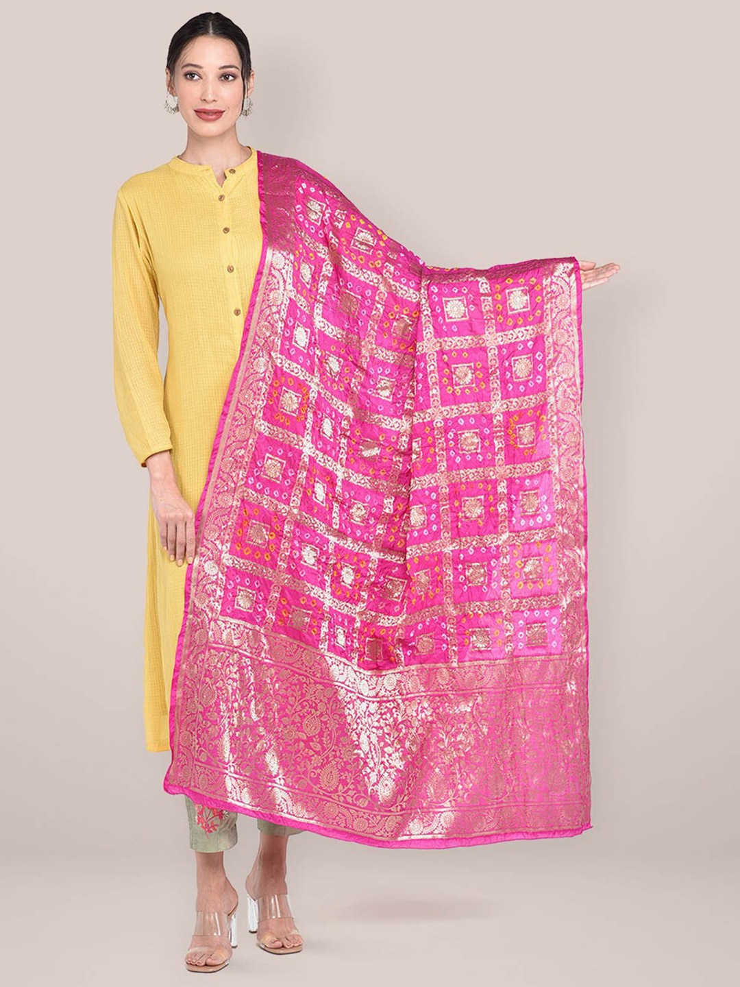 

Dupatta Bazaar Pink & Gold-Toned Woven Design Pure Silk Bandhani Dupatta