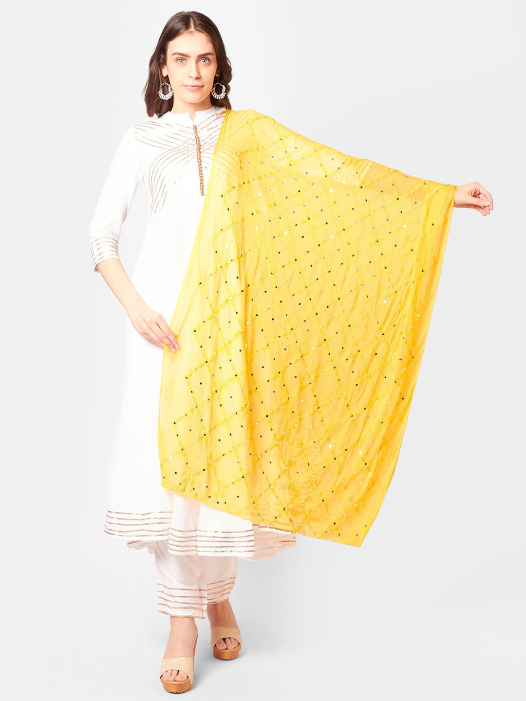 

Dupatta Bazaar Yellow & White Ethnic Motifs Embroidered Dupatta with Mirror Work