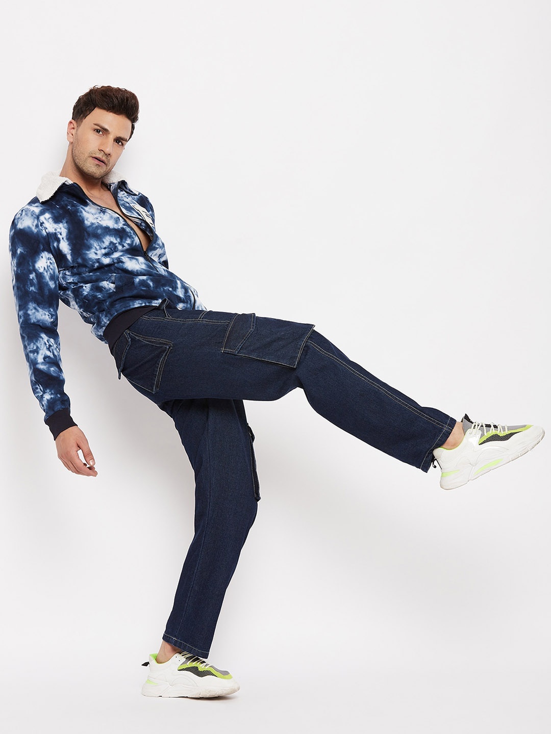 

FUGAZEE Men Blue White Tie and Dye Cotton Varsity Jacket