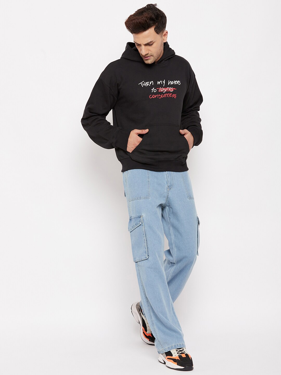 

FUGAZEE Men Black Printed Hooded Cotton Sweatshirt
