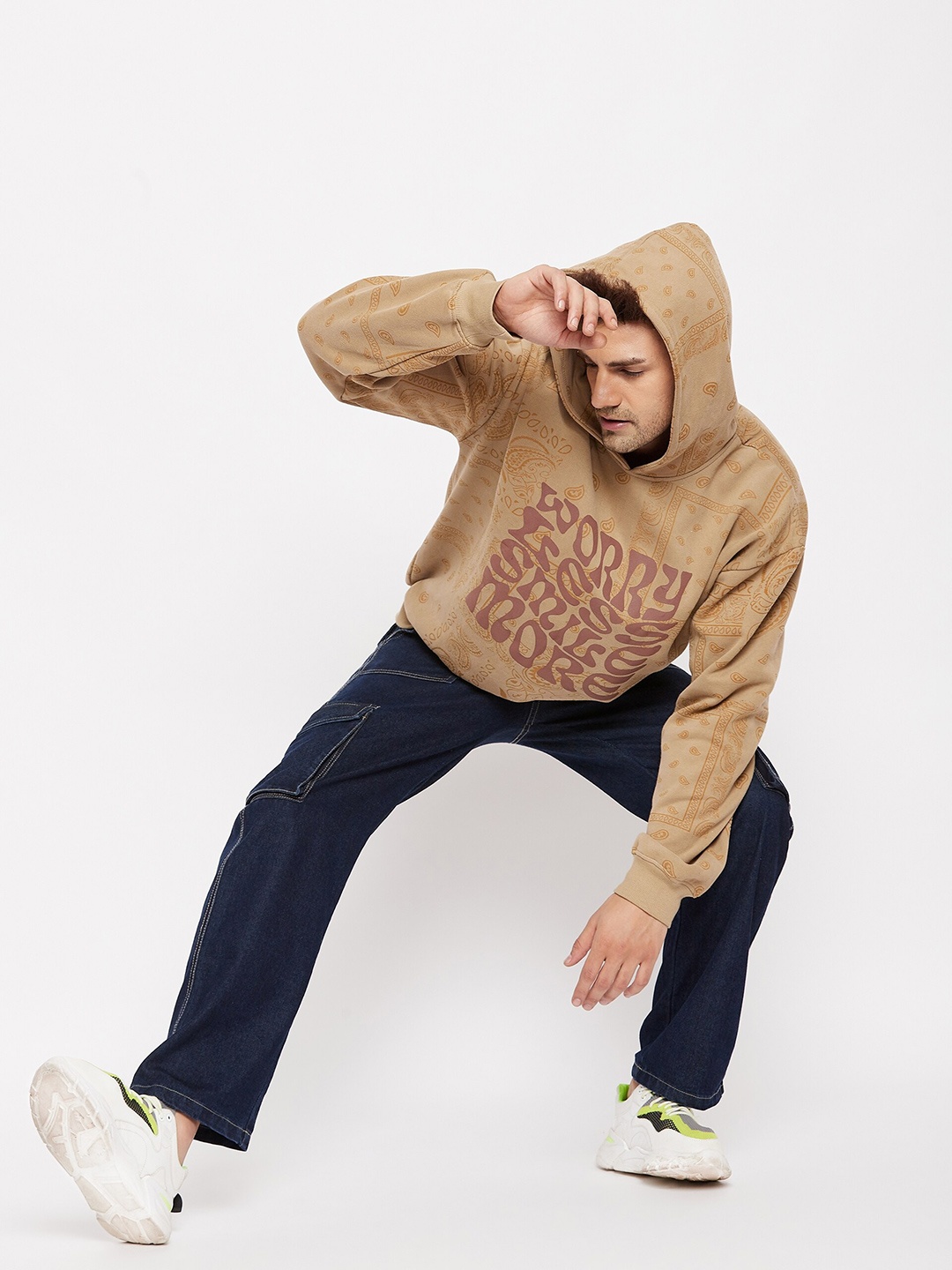 

FUGAZEE Men Oversized Beige Printed Pure Cotton Hooded Sweatshirt