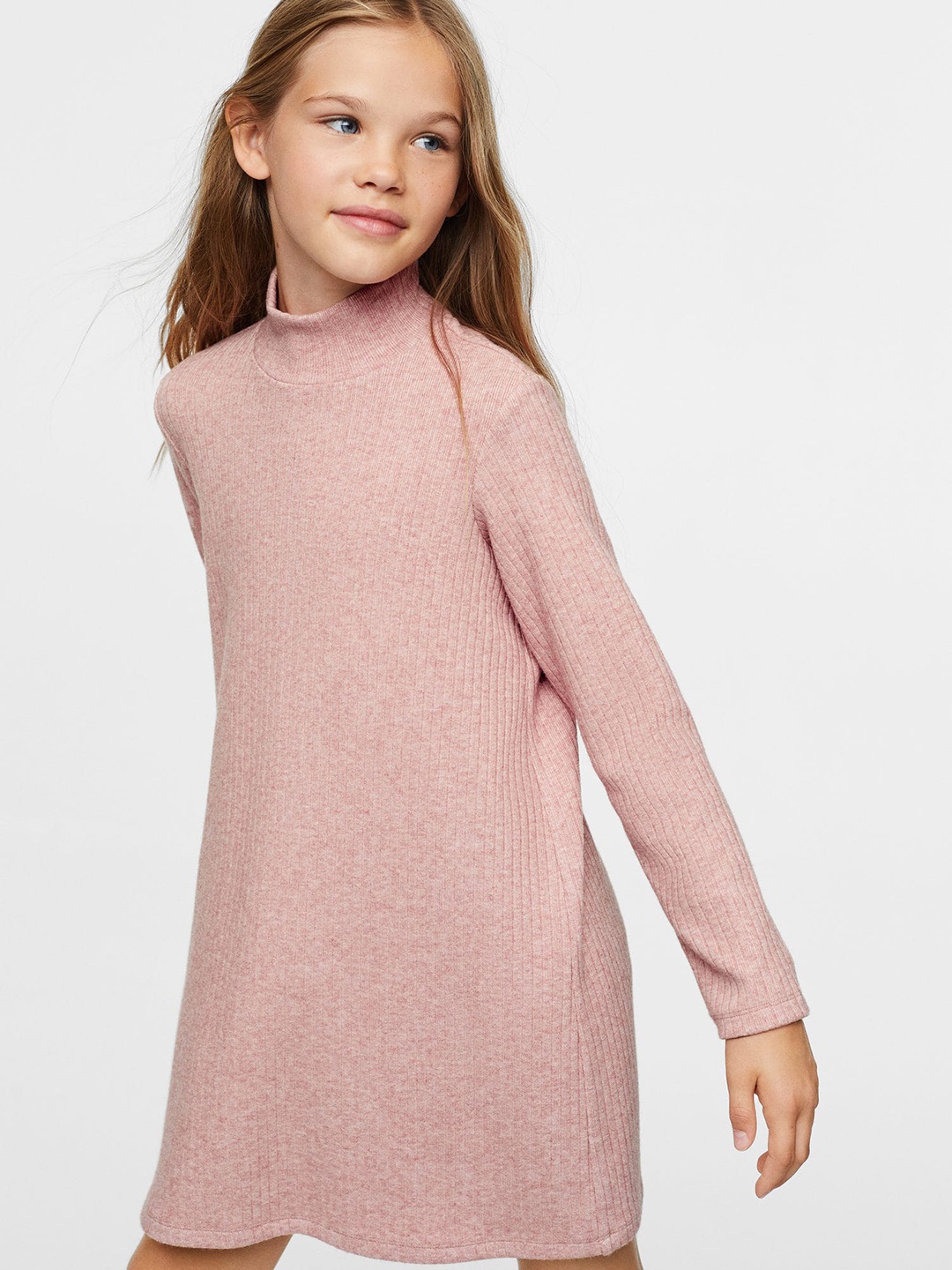 

Mango Kids Girls Ribbed High Neck Sustainable Sweater Dress, Pink
