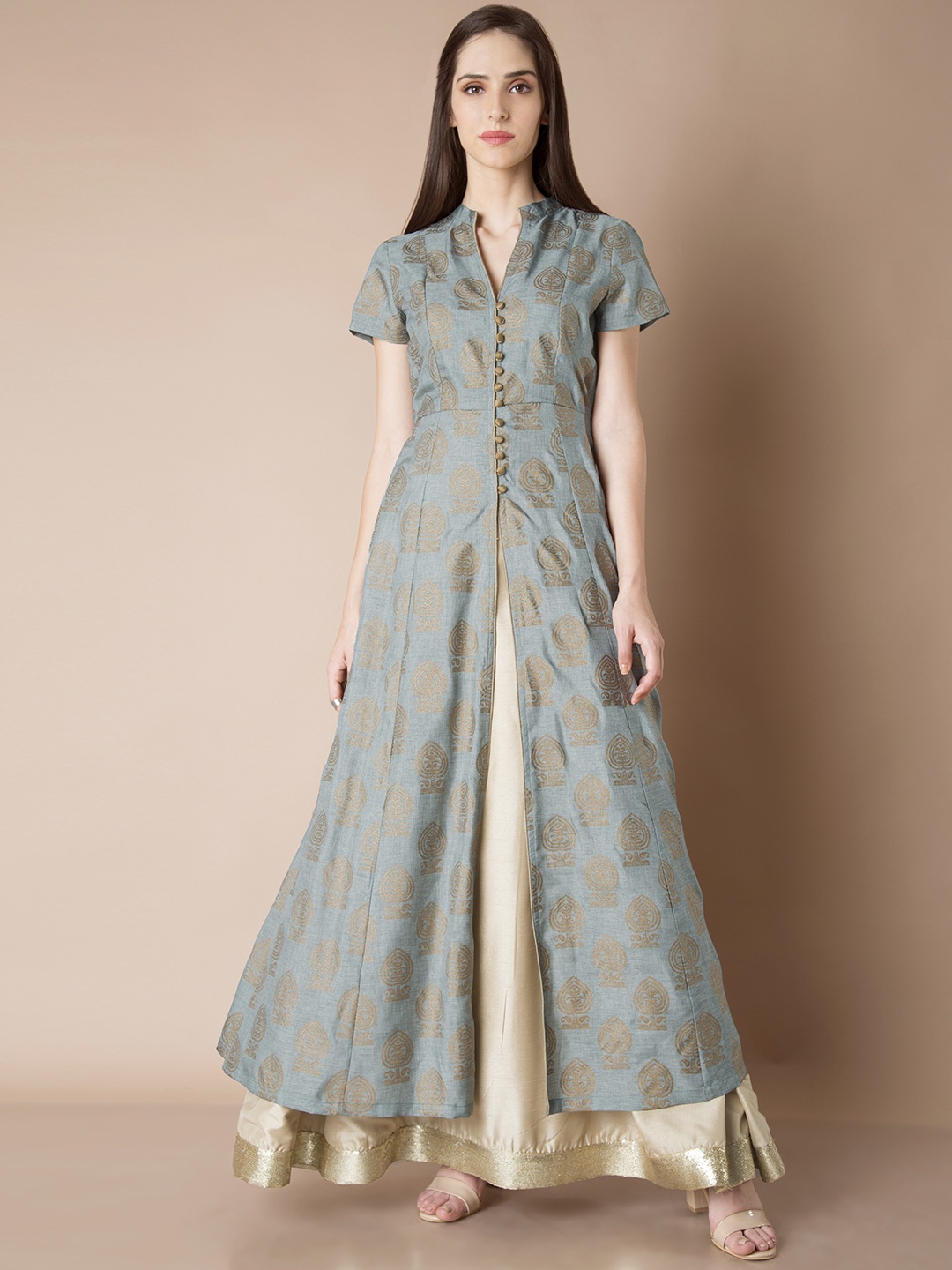 

INDYA Women Grey Ethnic Print Anarkali Kurta