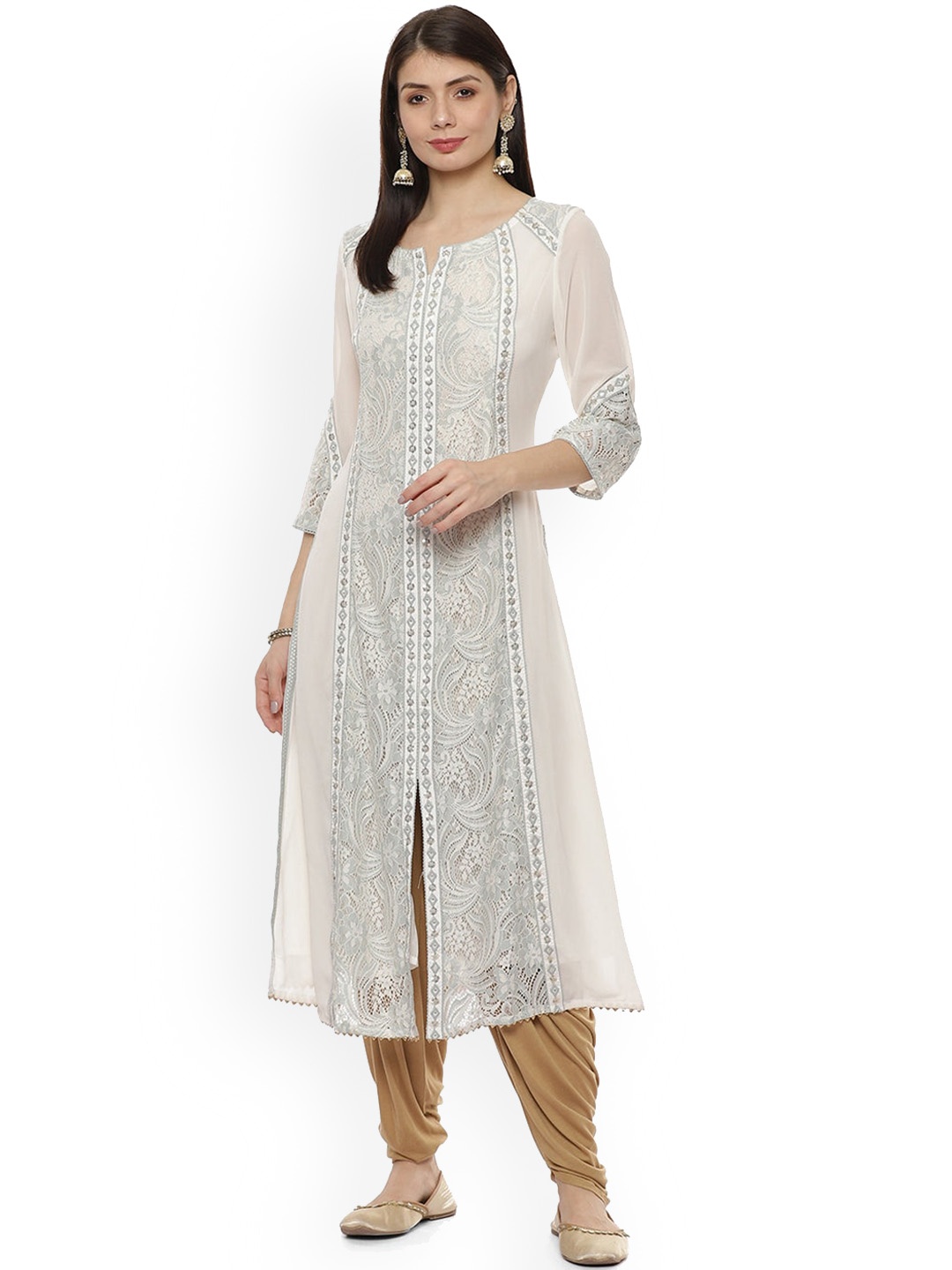 

Lakshita Women Off-White & Sea Green Ethnic Motifs Embroidered Thread Work Kurta