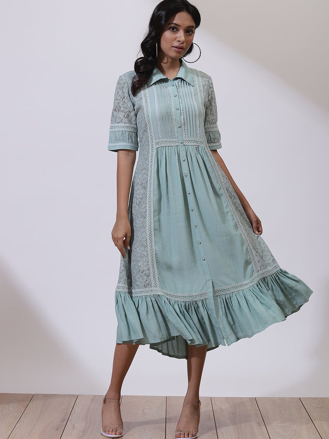 

Lakshita Women Sea Green Net Ethnic A-Line Midi Dress