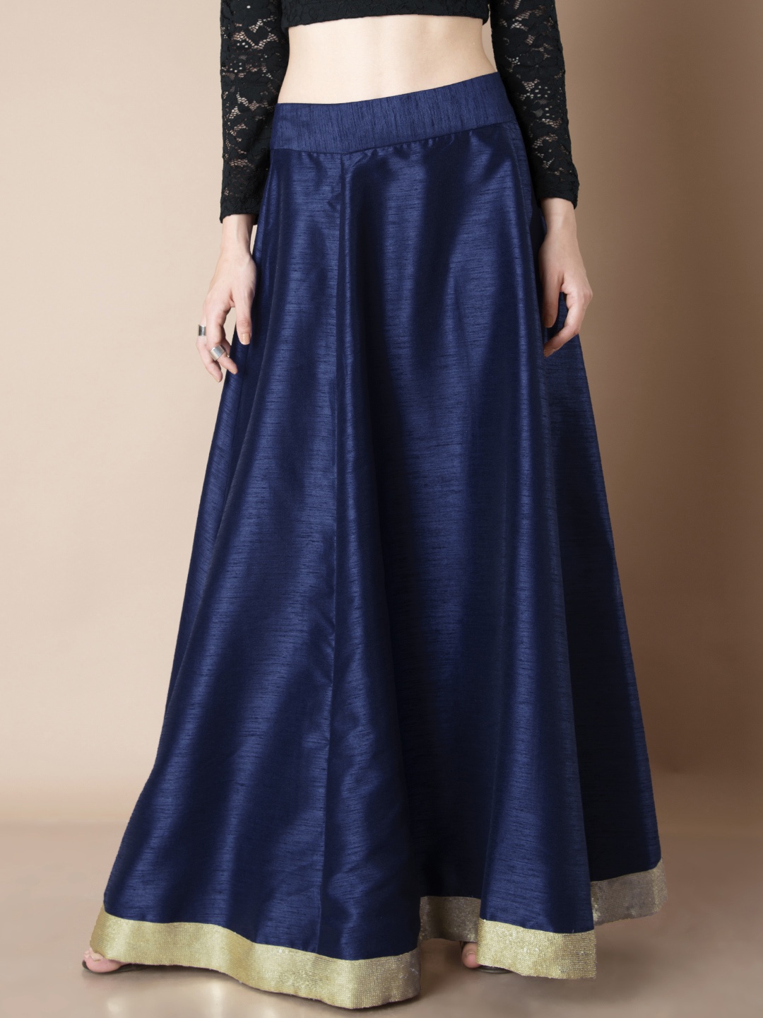 

INDYA Navy Poly Silk Flared Maxi Skirt, Navy blue