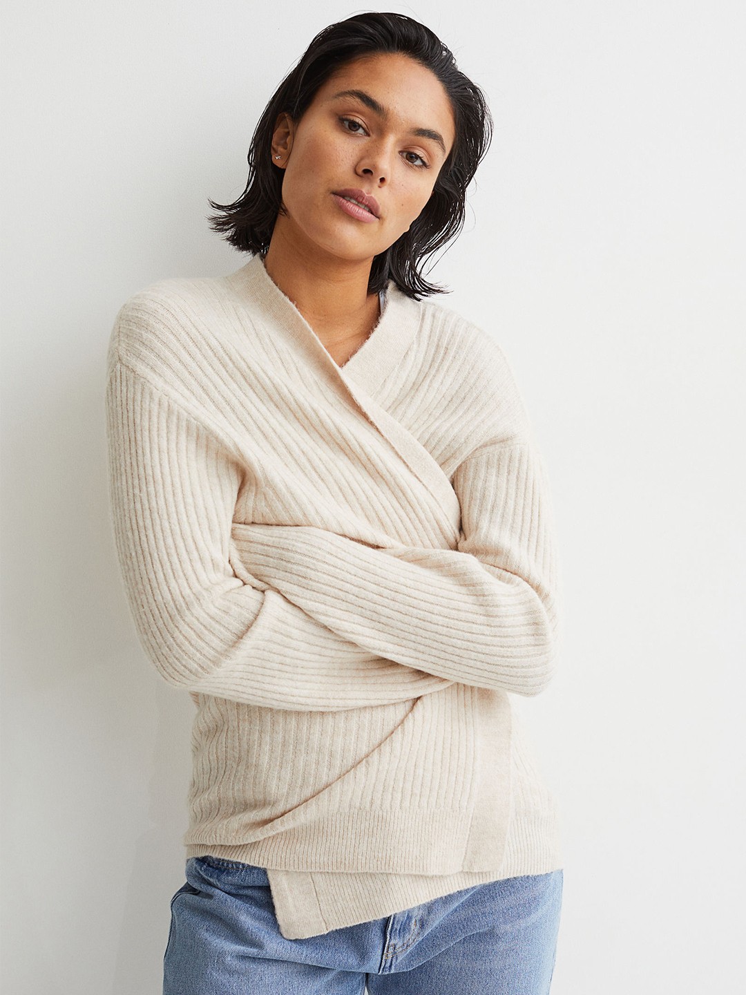 

H&M Women Beige Ribbed Front Open Sweaters