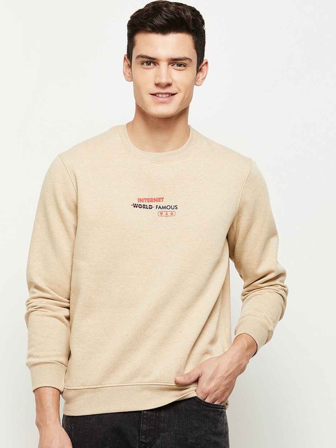 

max Men Beige Round Neck Pullover Sweatshirt