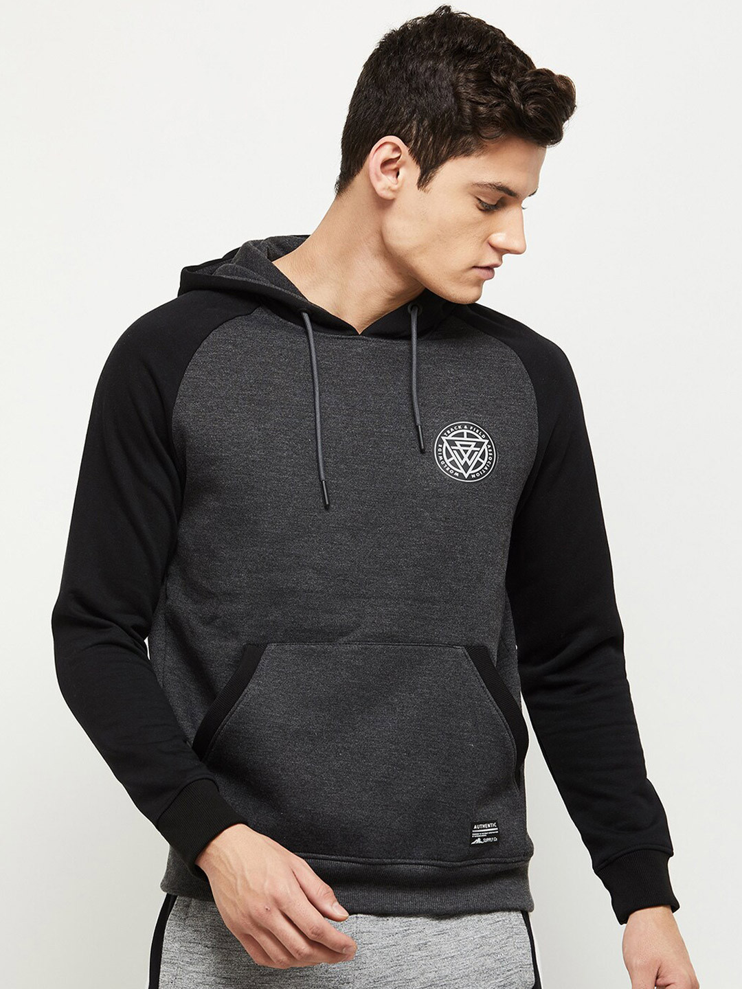 

max Men Grey & Black Hooded Cotton Sweatshirt