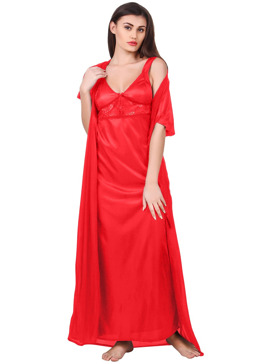 

Fasense Women 2 Piece Red Solid Satin Wrap Maxi Nightdress
