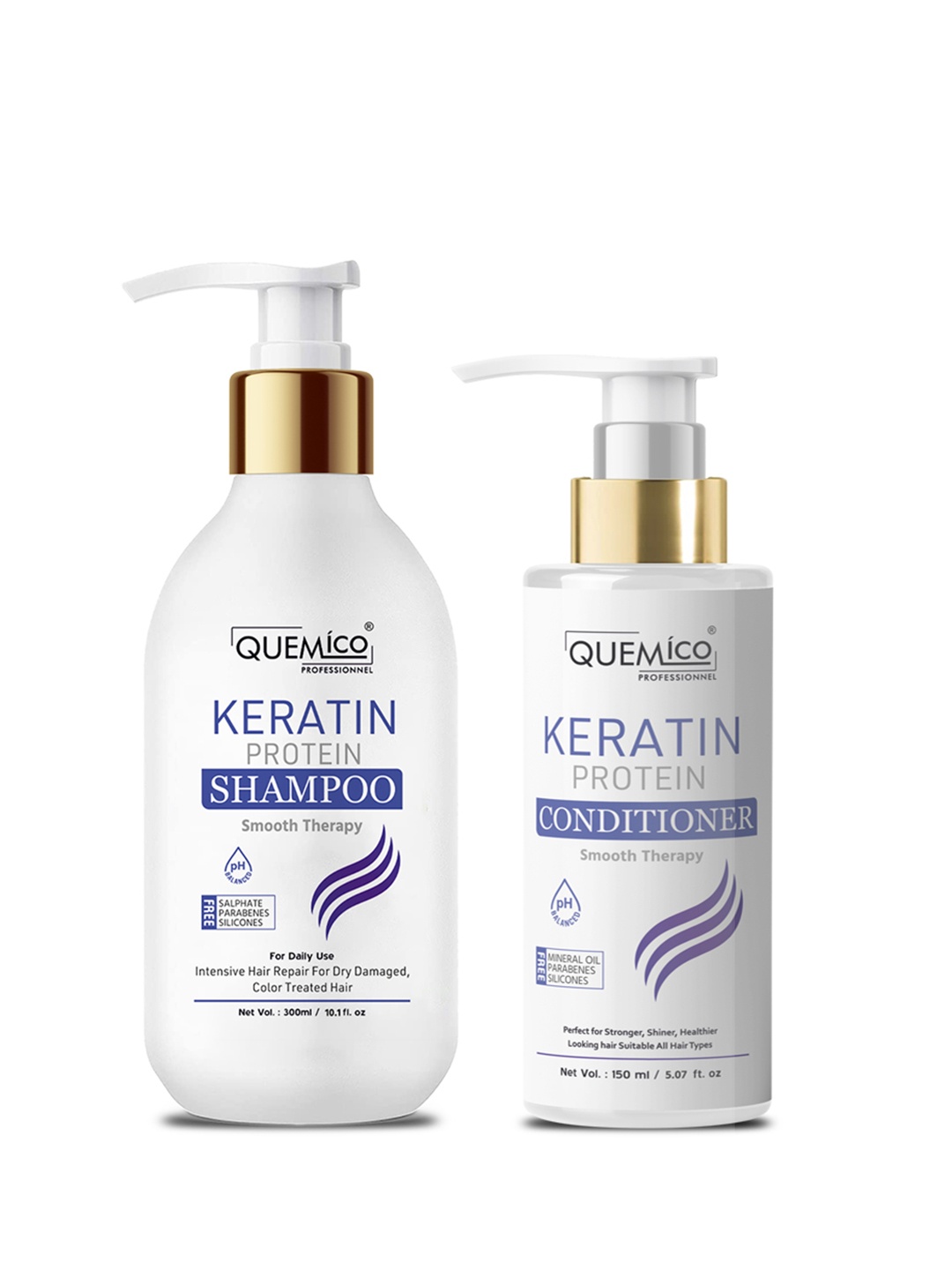 

Quemico Professionnel Sulphate Free Keratin Protein Smooth Shampoo 300ml & Conditioner 150ml Set, White