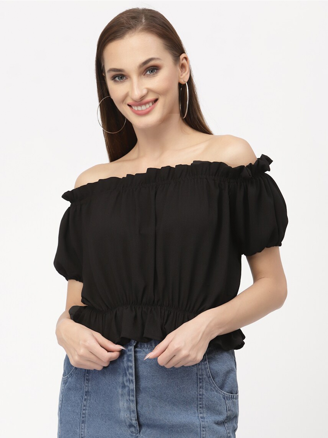 

Just Wow Black Off-Shoulder Crepe Bardot Crop Top