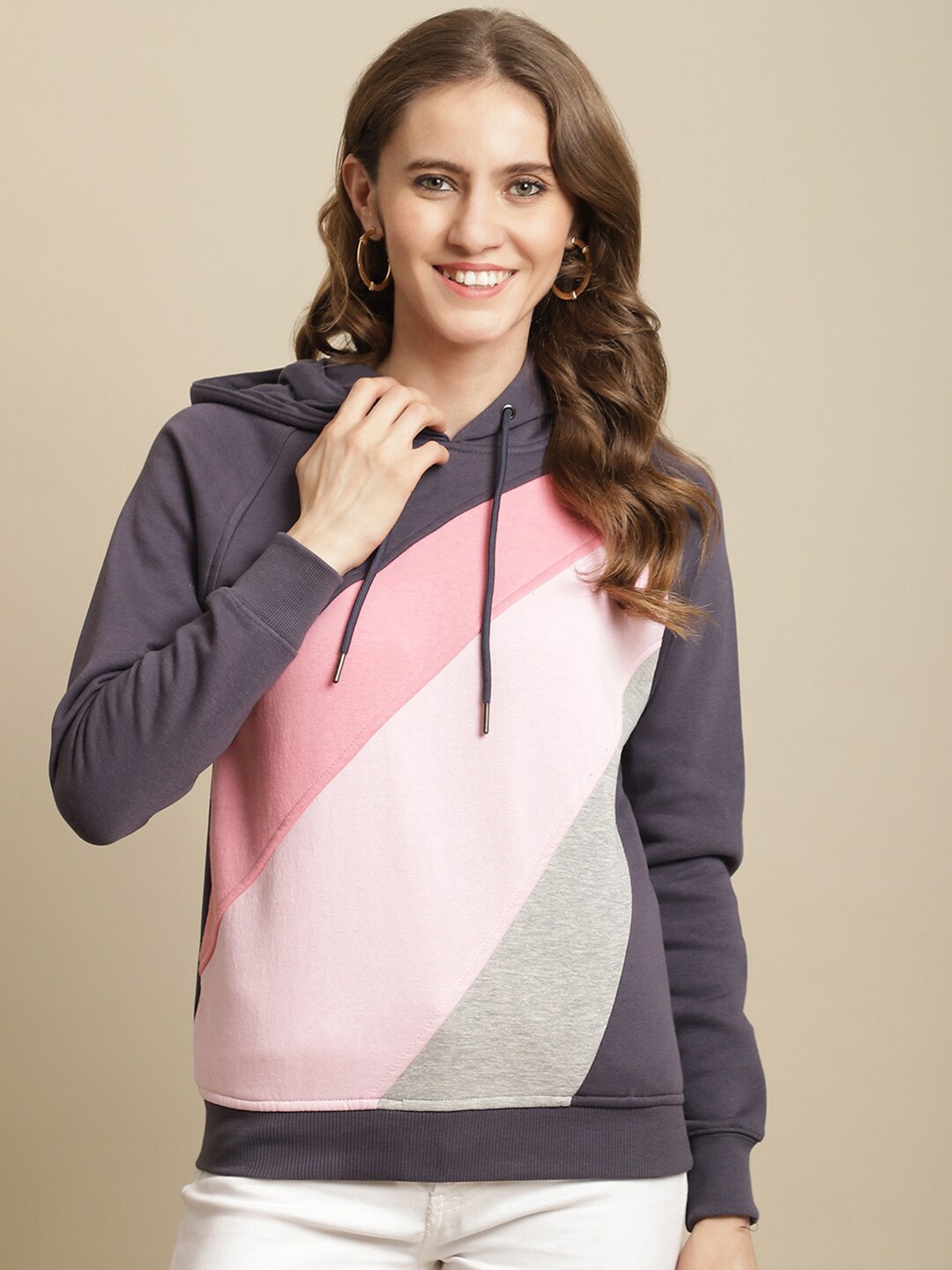 

ANTI CULTURE Women Charcoal Colourblocked Hooded Sweatshirt