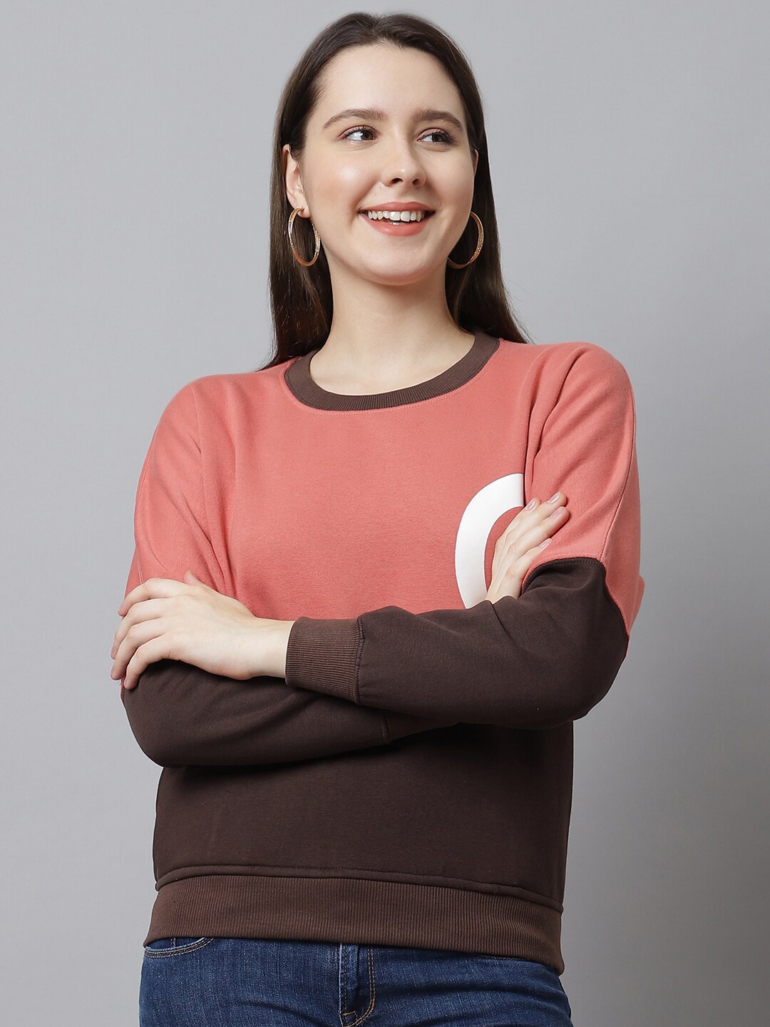 

ANTI CULTURE Women Rose Pink & Brown Colourblocked Sweatshirt