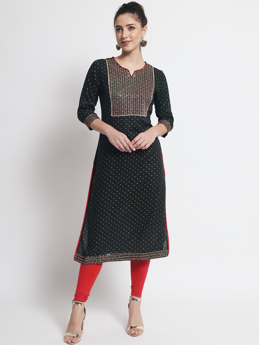 

BARKHA FAB Women Green Ethnic Motifs Printed Thread Work Kurta