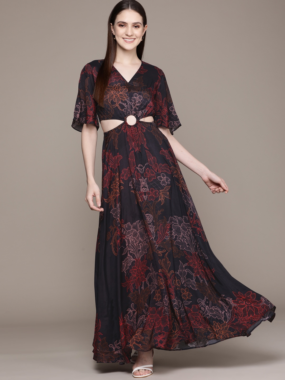 

Label Ritu Kumar Black Floral Satin Maxi Dress