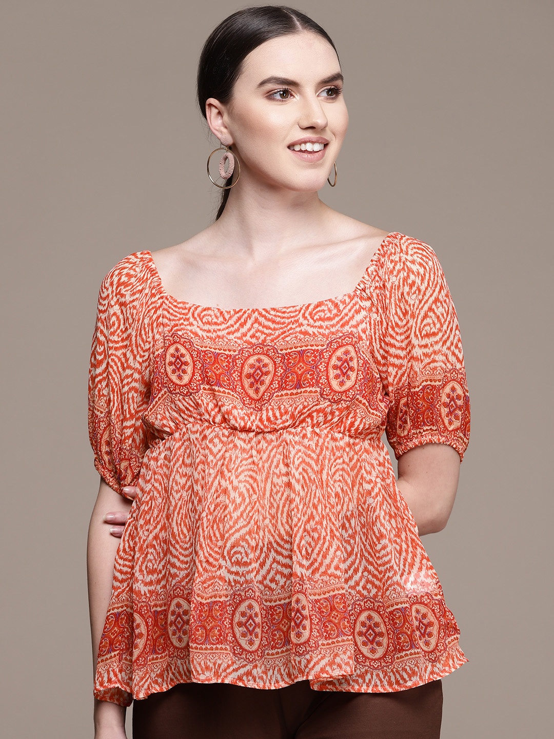 

Label Ritu Kumar Women Red Printed Georgette Top