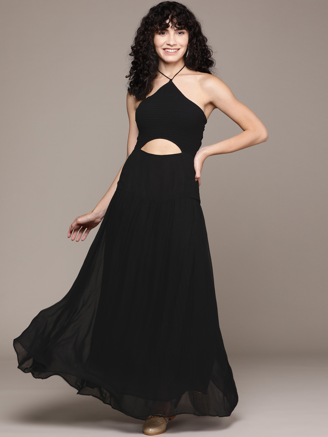 

Label Ritu Kumar Black Halter Neck Georgette Maxi Dress