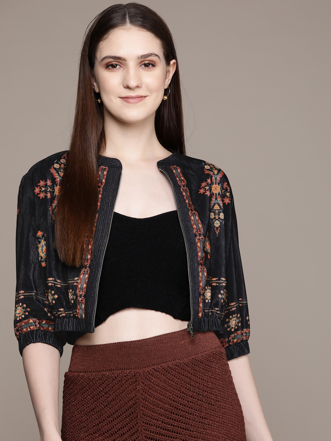 

Label Ritu Kumar Women Black Floral Crop Bomber Jacket