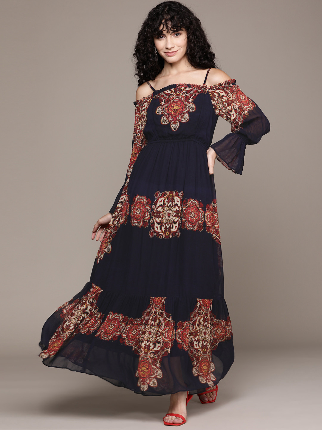 

Label Ritu Kumar Blue Ethnic Motifs Georgette Maxi Dress