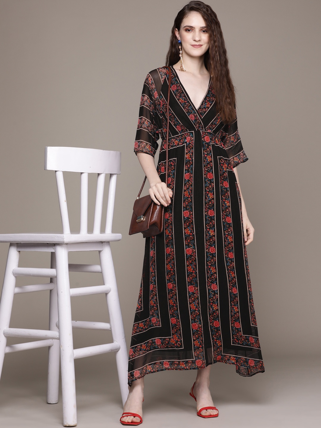 

Label Ritu Kumar Black Floral Georgette Maxi Dress