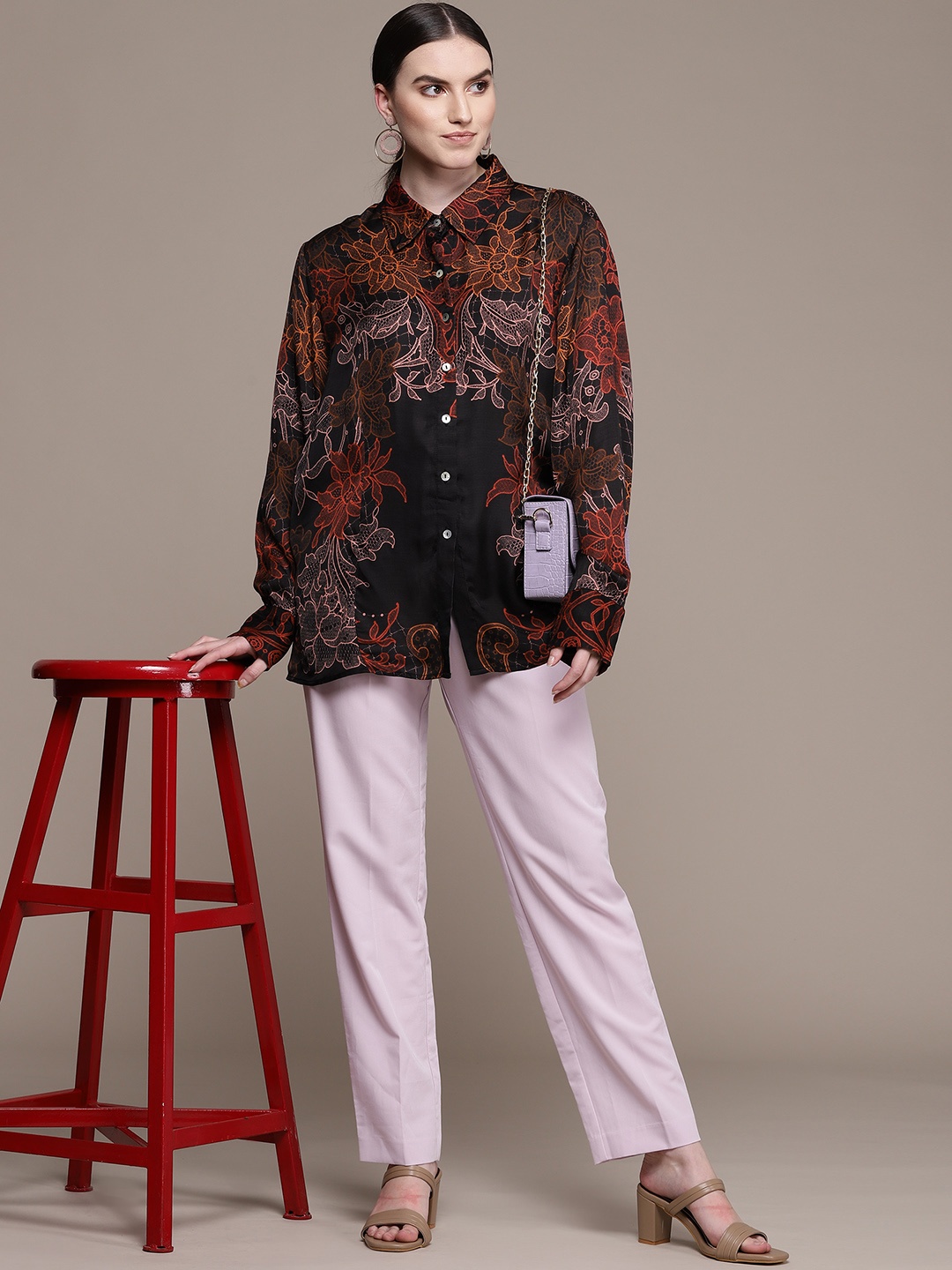 

Label Ritu Kumar Women Black Floral Printed Casual Shirt
