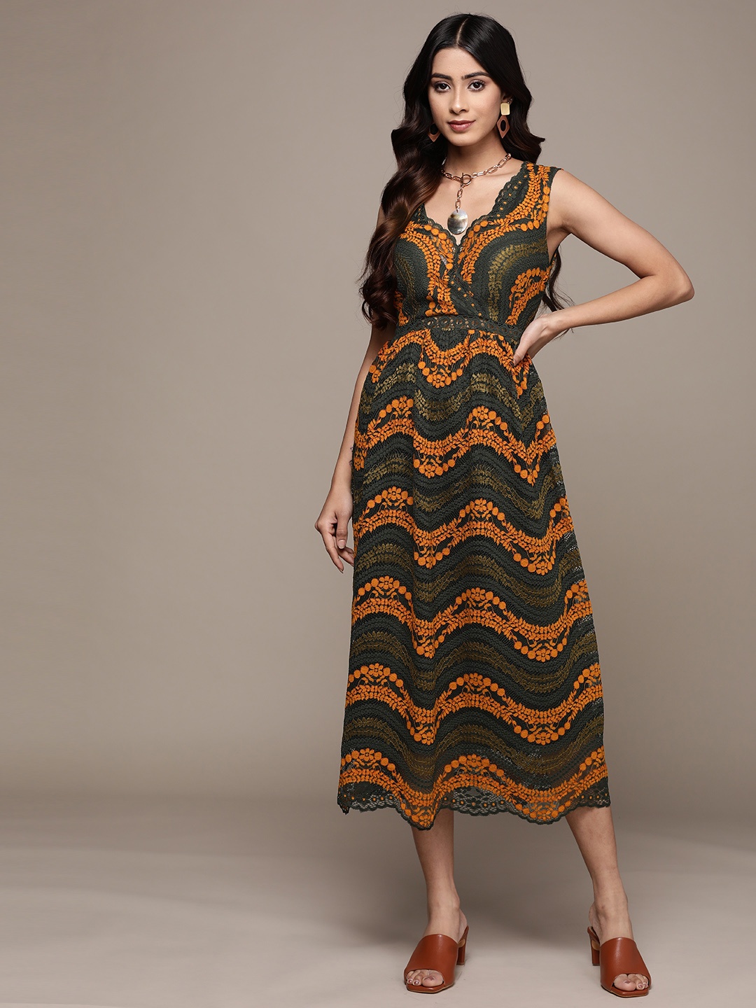 

Label Ritu Kumar Green & Orange Floral Embroidered Lace A-Line Midi Dress