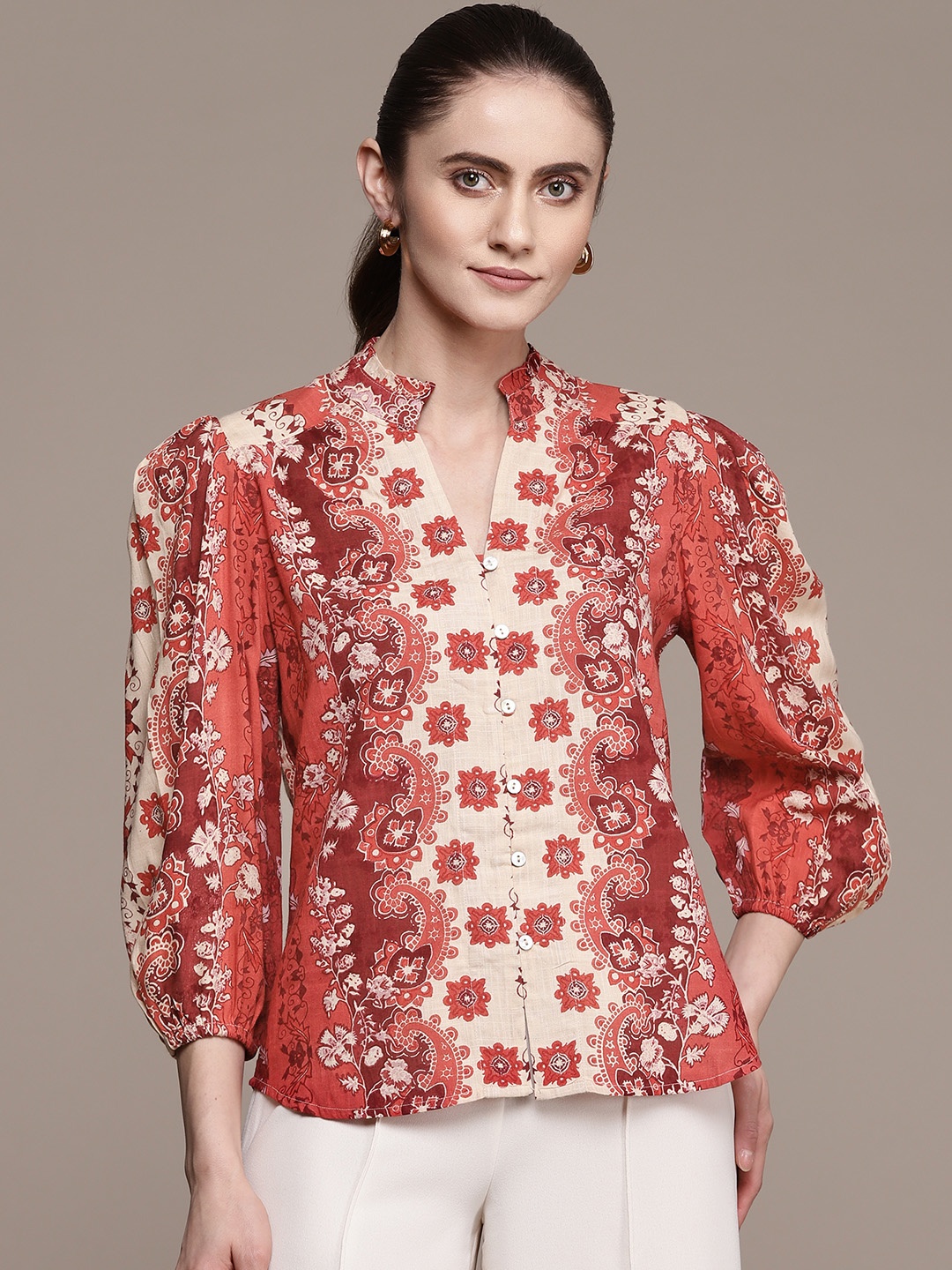 

Label Ritu Kumar Women Red Floral Printed Casual Shirt